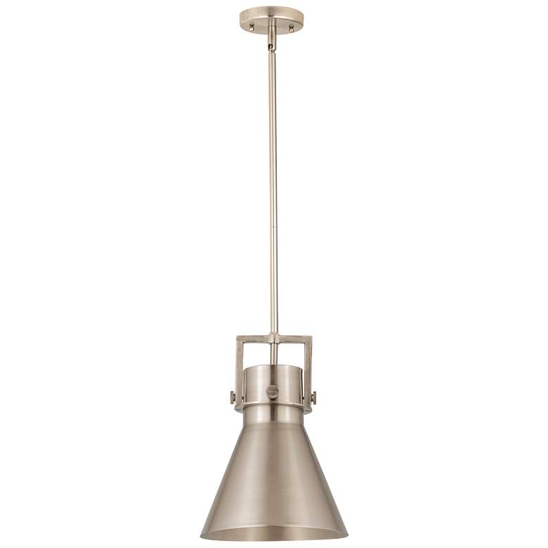 Image 1 Newton Metal Cone 10"W Satin Nickel Stemmed Pendant w/ Satin Nickel Sh