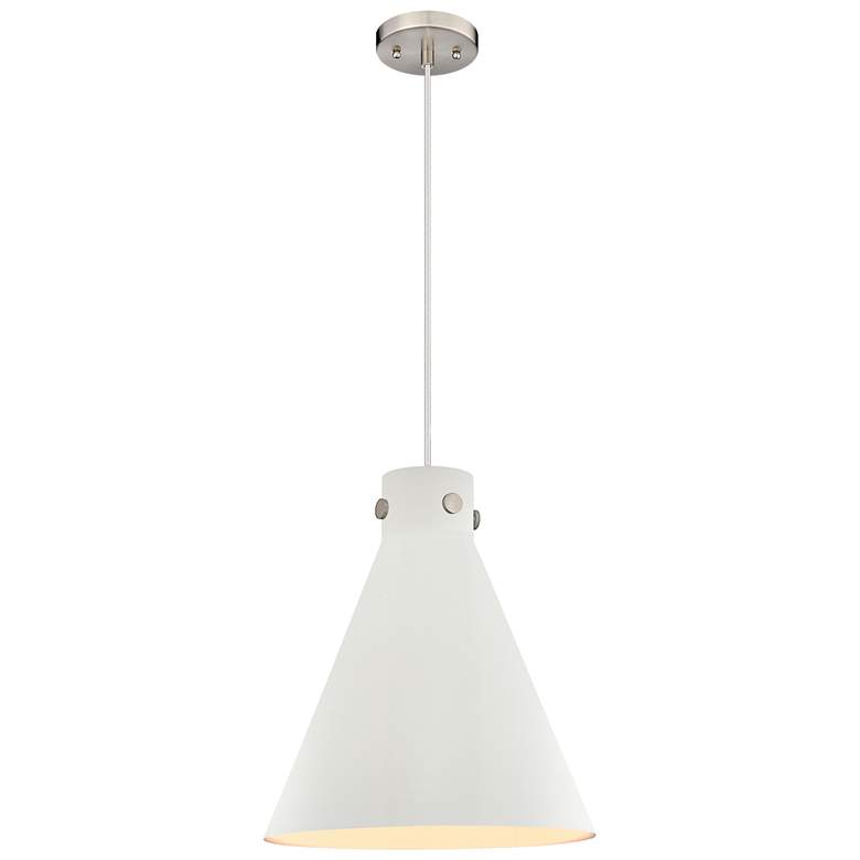 Image 1 Newton Metal Cone 14" Wide Satin Nickel Corded Pendant w/ Matte White