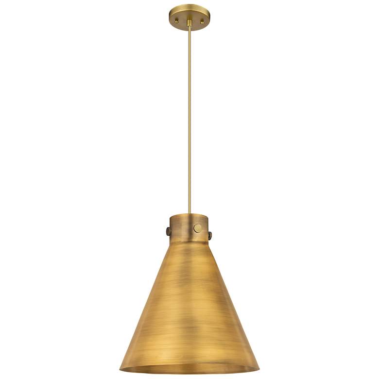 Image 1 Newton Metal Cone 14"W Brushed Brass Corded Pendant w/ Brushed Brass S