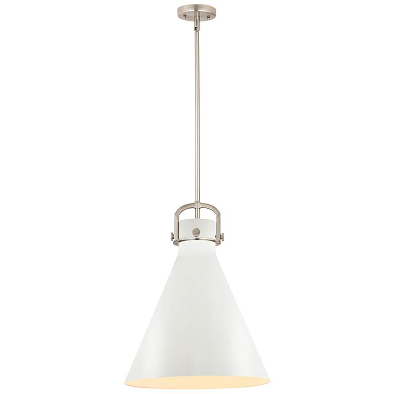 Image 1 Newton Metal Cone 16"W Satin Nickel Stemmed Pendant w/ Matte White Sha