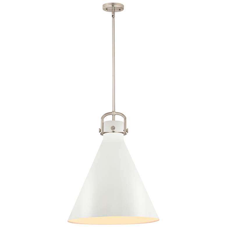 Image 1 Newton Metal Cone 18"W Satin Nickel Stemmed Pendant w/ Matte White Sha
