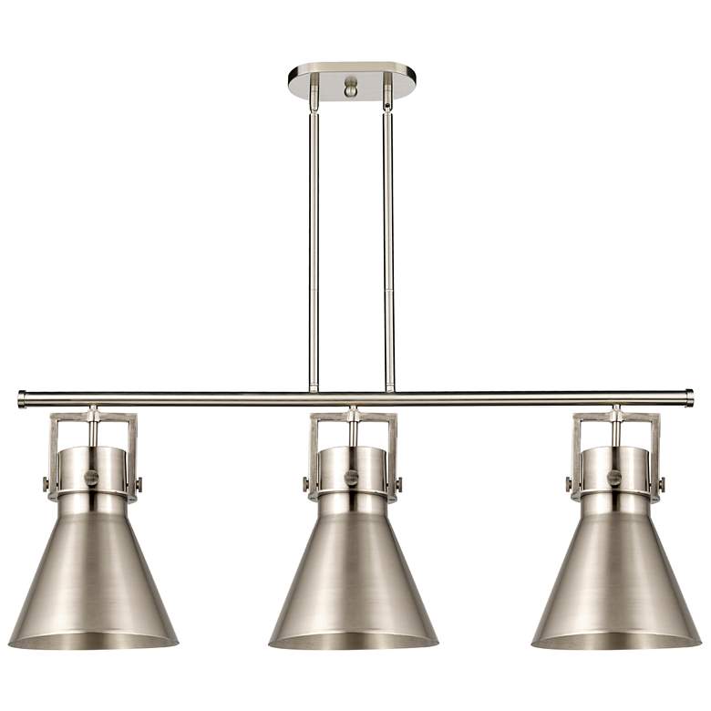 Image 1 Newton Metal Cone 42" Wide 3 Light Satin Nickel Shade Island Light