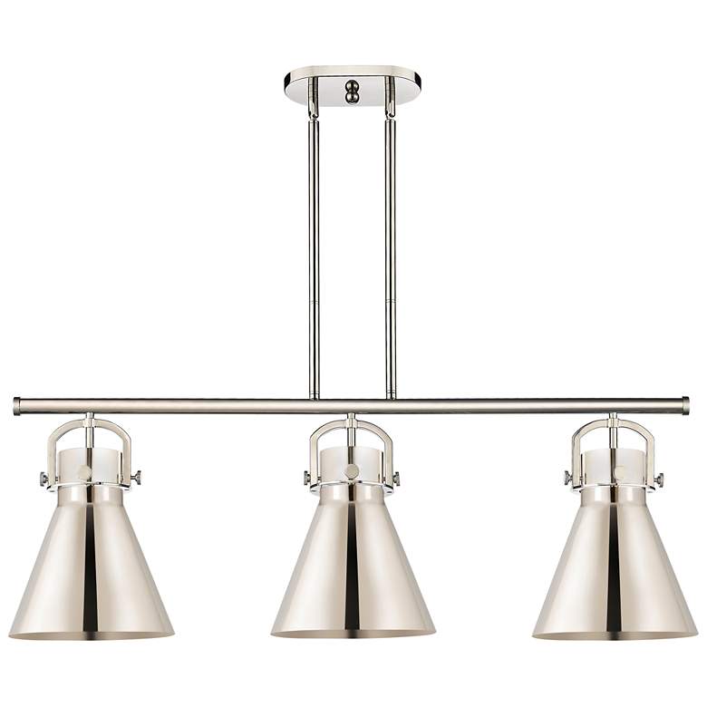 Image 1 Newton Metal Cone 42"W 3 Light Polished Nickel Island Light w/ Curved