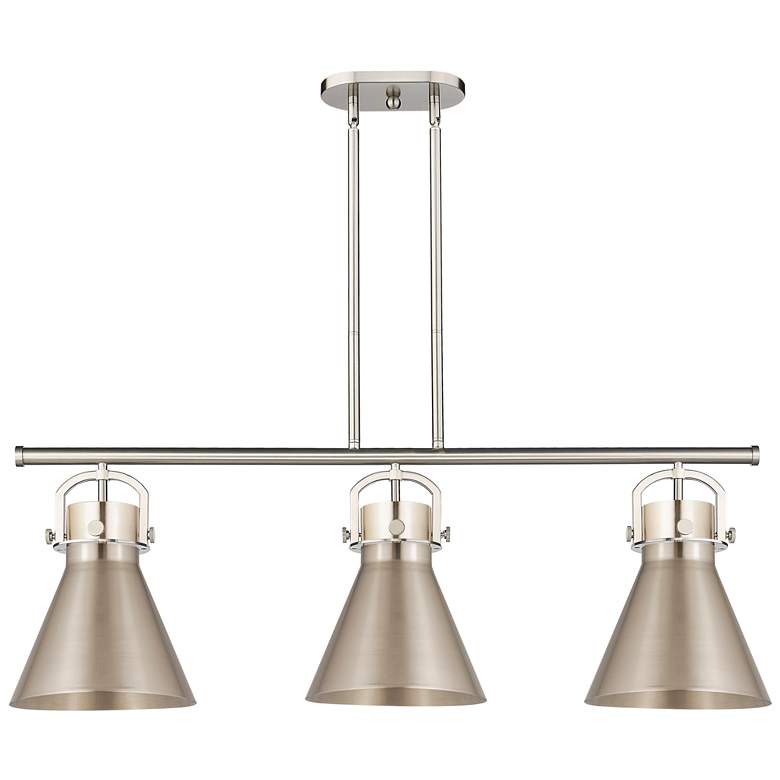 Image 1 Newton Metal Cone 42"W 3 Light Satin Nickel Island Light w/ Curved Sha