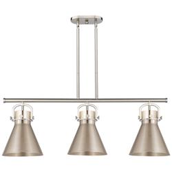 Newton Metal Cone 42"W 3 Light Satin Nickel Island Light w/ Curved Sha