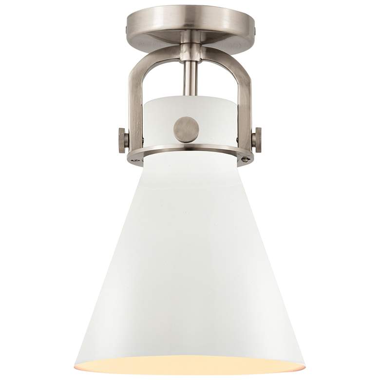 Image 1 Newton Metal Cone 8" Wide Satin Nickel Flush Mount With Matte White Sh