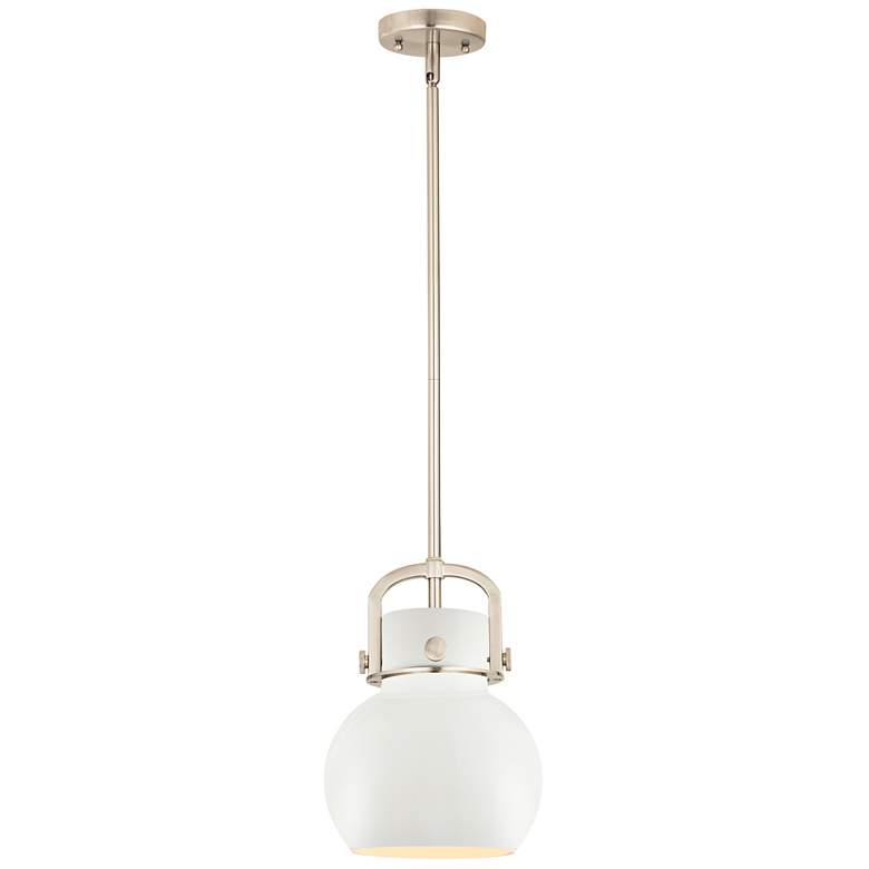 Image 1 Newton Metal Sphere 8"W Satin Nickel Stemmed Pendant w/ Matte White Sh
