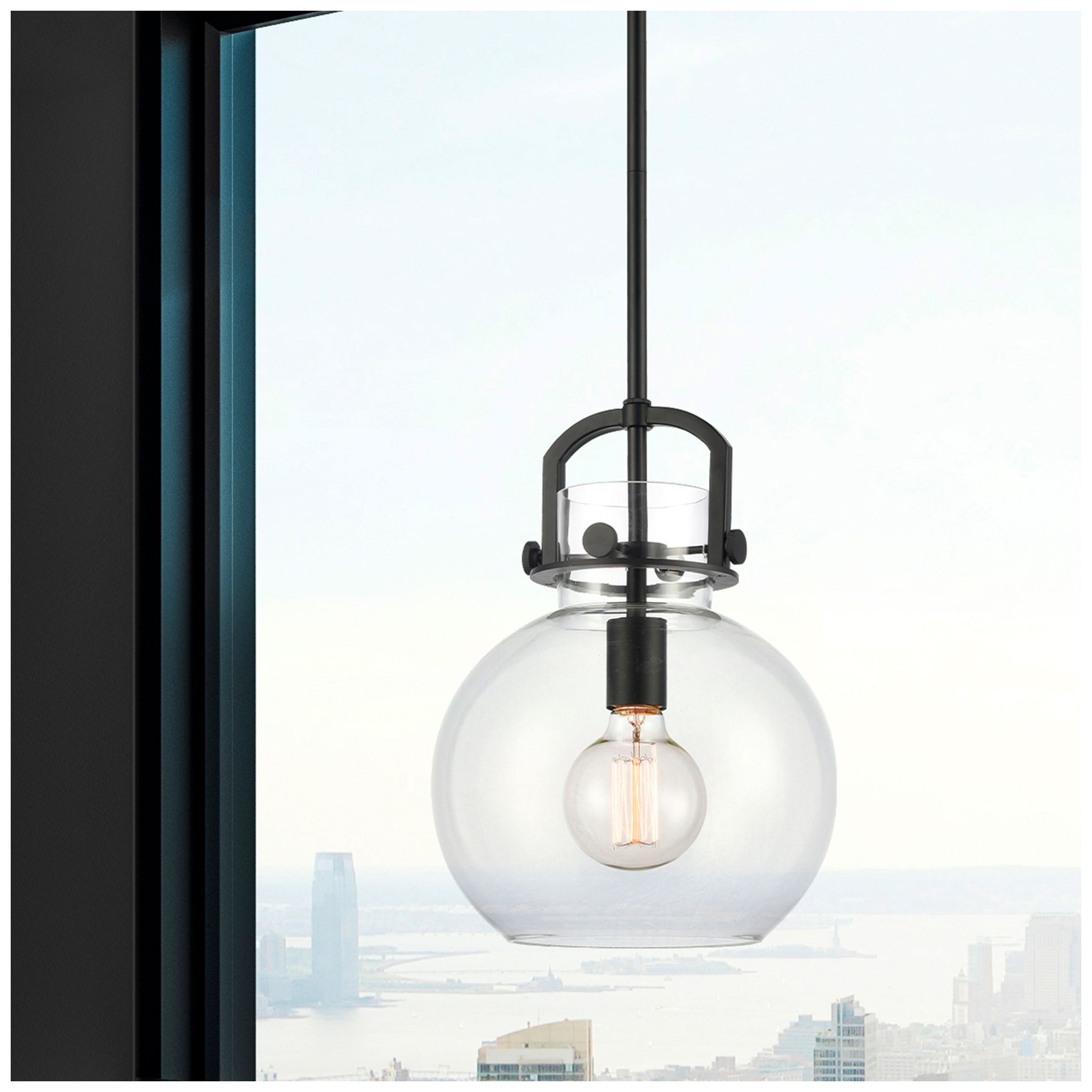 Image 3 Newton Sphere 10" Wide Stem Hung Matte Black Pendant With Clear Shade more views