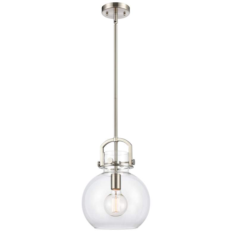 Image 1 Newton Sphere 10" Wide Stem Hung Satin Nickel Pendant With Clear Shade