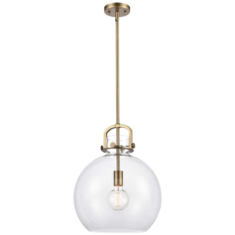 Image 1 Newton Sphere 14" Brushed Brass LED Stem Hung Pendant With Clear Shade