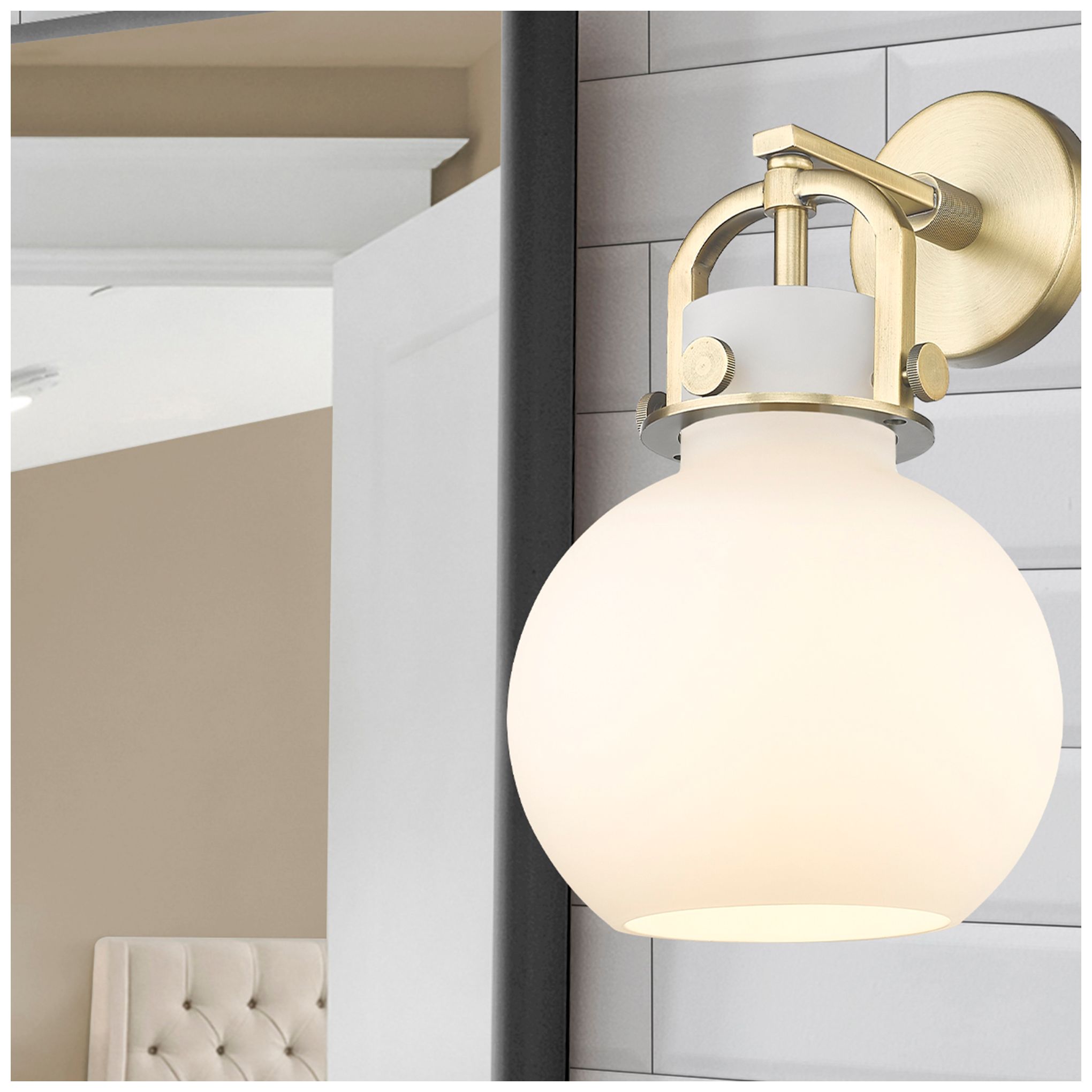 Image 3 Newton Sphere 14" High Brushed Brass Sconce With Matte White Glass Sha more views
