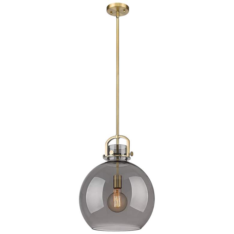 Image 1 Newton Sphere 14" Wide Stem Hung Brushed Brass Pendant With Smoke Shad