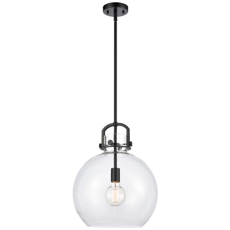 Image 1 Newton Sphere 14" Wide Stem Hung Matte Black Pendant With Clear Shade