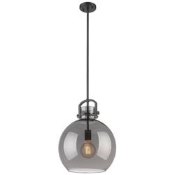 Newton Sphere 14&quot; Wide Stem Hung Matte Black Pendant With Smoke Shade