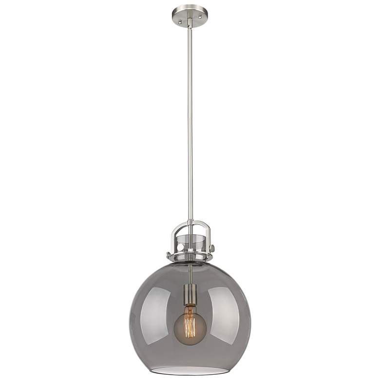 Image 1 Newton Sphere 14" Wide Stem Hung Satin Nickel Pendant With Smoke Shade