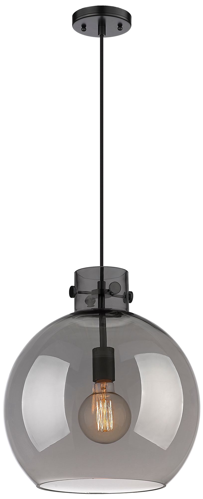 Newton Sphere 14"W Matte Black Cord Hung Pendant With Plated Smoke Sha