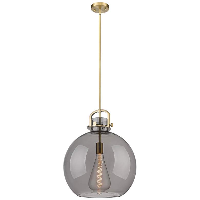 Image 1 Newton Sphere 16" Wide Stem Hung Brushed Brass Pendant With Smoke Shad