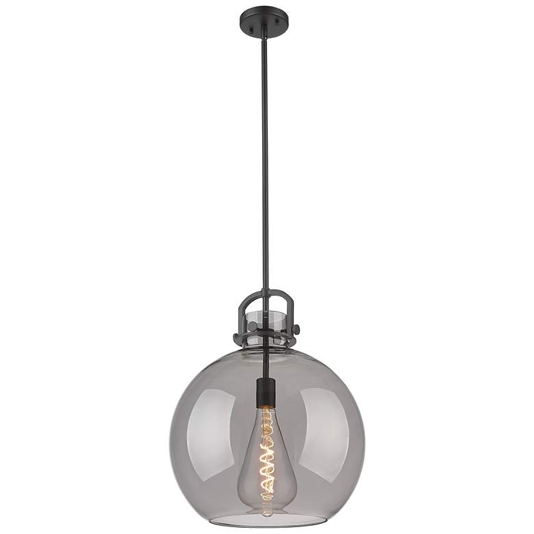Image 1 Newton Sphere 16" Wide Stem Hung Matte Black Pendant With Smoke Shade