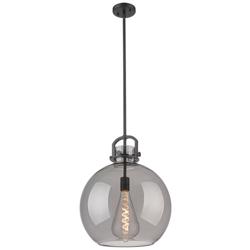 Newton Sphere 16" Wide Stem Hung Matte Black Pendant With Smoke Shade