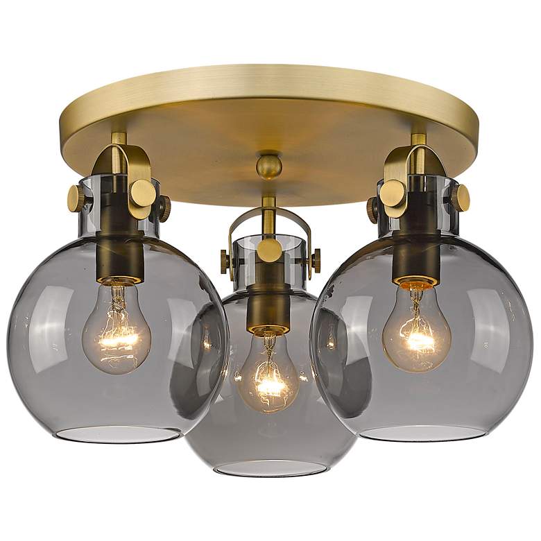 Image 1 Newton Sphere 19.63"W 3 Light Brushed Brass Flush Mount w/ Smoke Shade