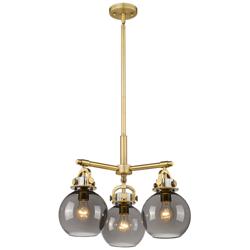 Newton Sphere 20.4"W 3 Light Stem Hung Brushed Brass Pendant w/ Smoke