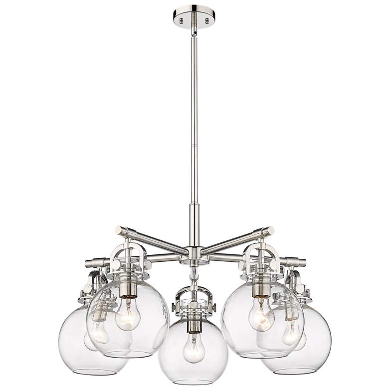 Image 1 Newton Sphere 26"W 5 Light Polished Nickel Stem Chandelier w/ Clear Sh