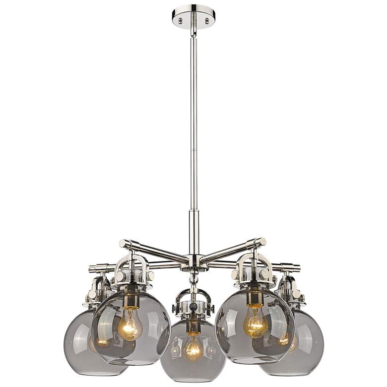 Image 1 Newton Sphere 26"W 5 Light Polished Nickel Stem Chandelier w/ Smoke Sh