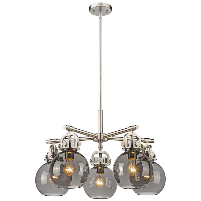 Image 1 Newton Sphere 26"W 5 Light Satin Nickel Stemmed Chandelier w/ Smoke Sh