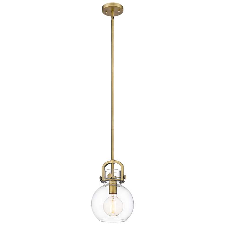 Image 1 Newton Sphere 8" Stem Hung LED Mini Pendant - Brushed Brass - Clear Sh