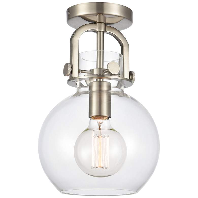 Image 1 Newton Sphere 8" Wide Satin Nickel Flush Mount with Clear Shade