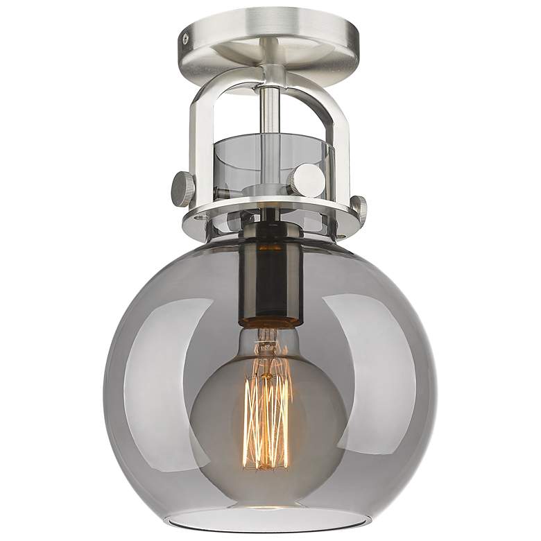 Image 1 Newton Sphere 8" Wide Satin Nickel Flush Mount with Smoke Shade