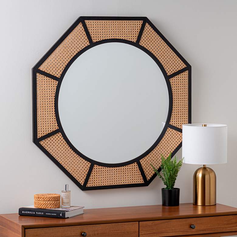 Nicki Black and Natural Cane 38&quot; Octagon Wall Mirror