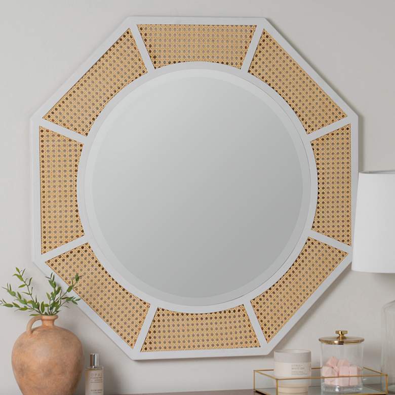 Image 1 Nicki White and Natural Cane 38 inch Octagon Wall Mirror