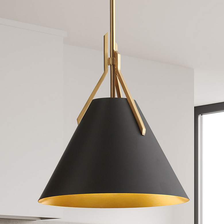 Image 1 Nicole 12" Wide Aged Brass Pendant With Black And Gold Metal Shade