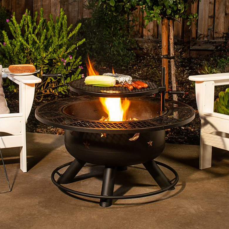 Image 1 Nightstar 32 3/4 inch Round Black Wood Burning Firepit and Grill