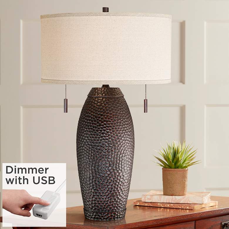 Image 1 Noah Hammered Bronze Table Lamp with Dimmer with USB Port