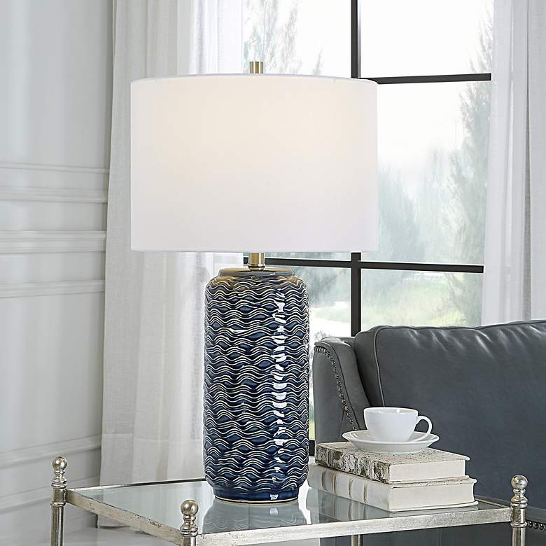 Image 1 Noble Park Ami Blue Wavy Ceramic Table Lamp