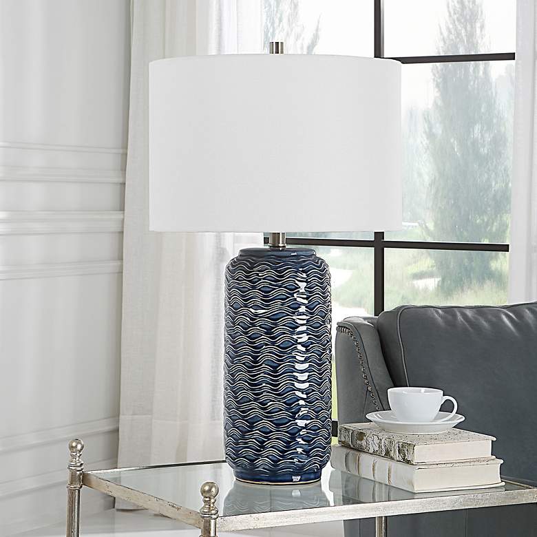 Image 3 Noble Park Ami Blue Wavy Ceramic Table Lamp more views