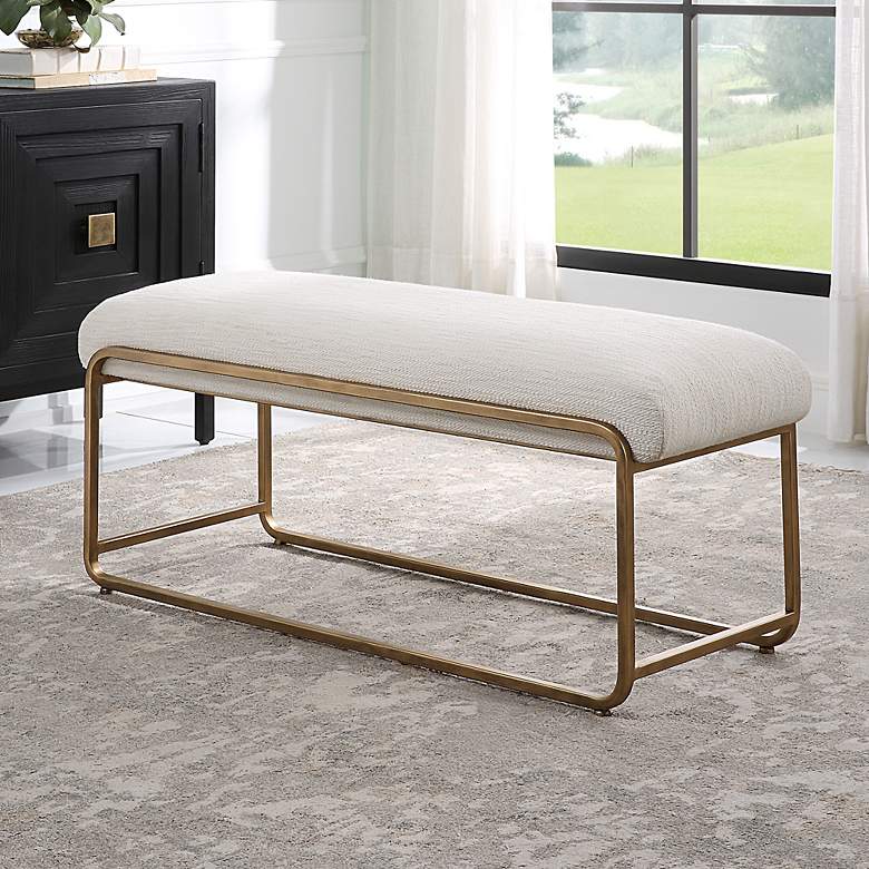 Image 1 Noble Park Devyn 47"W Brushed Brass and White Fabric Bench