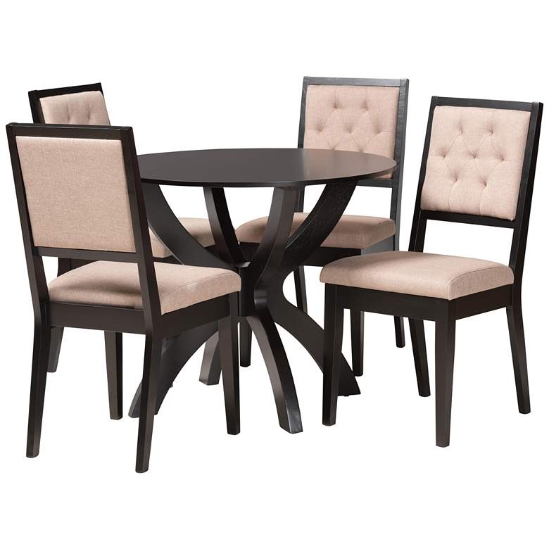 Image 2 Noe Sand Fabric Dark Brown Wood 5-Piece Dining Set
