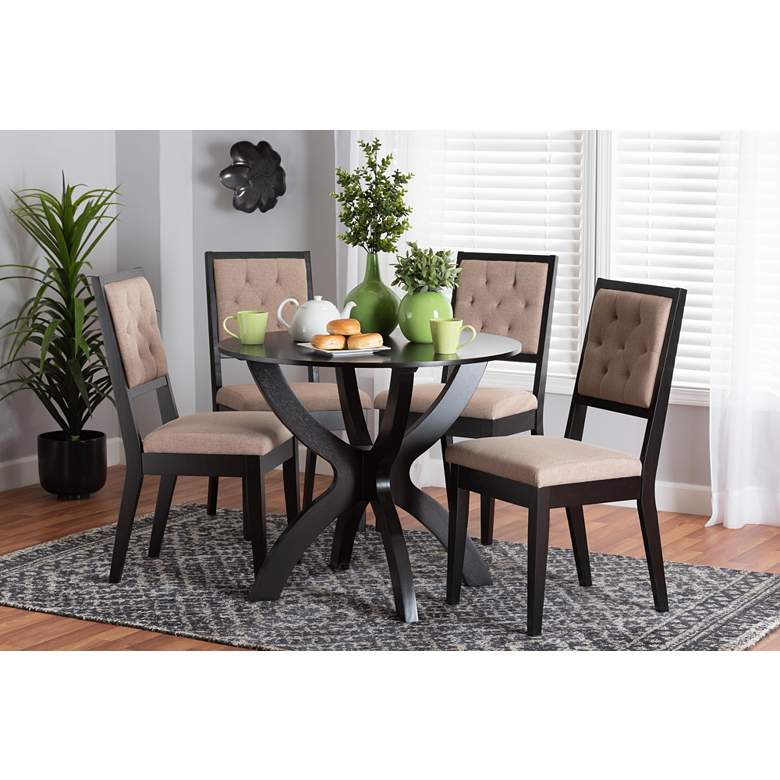 Image 1 Noe Sand Fabric Dark Brown Wood 5-Piece Dining Set