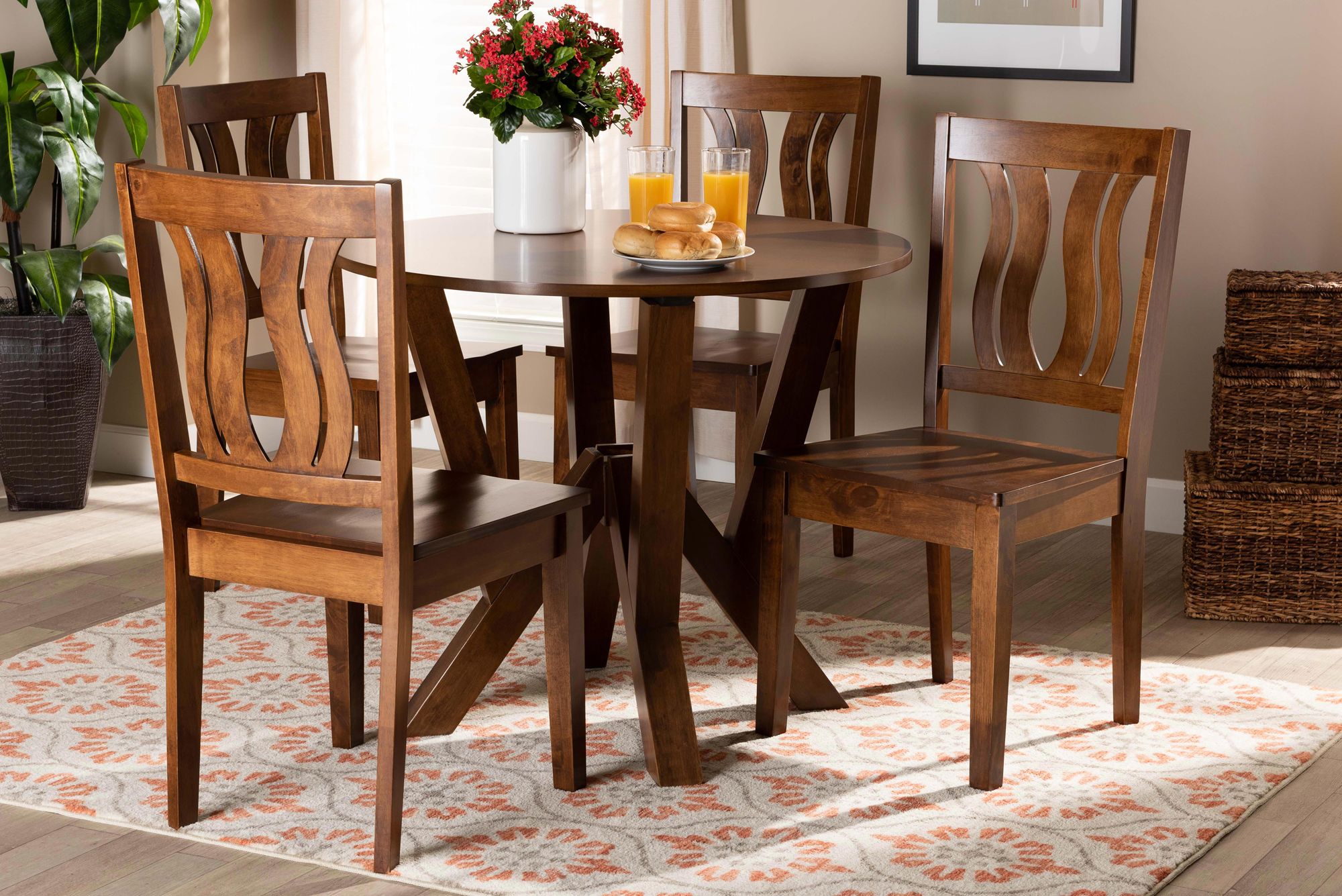 Noelia Walnut Brown Wood 5-Piece Dining Table and Chair Set