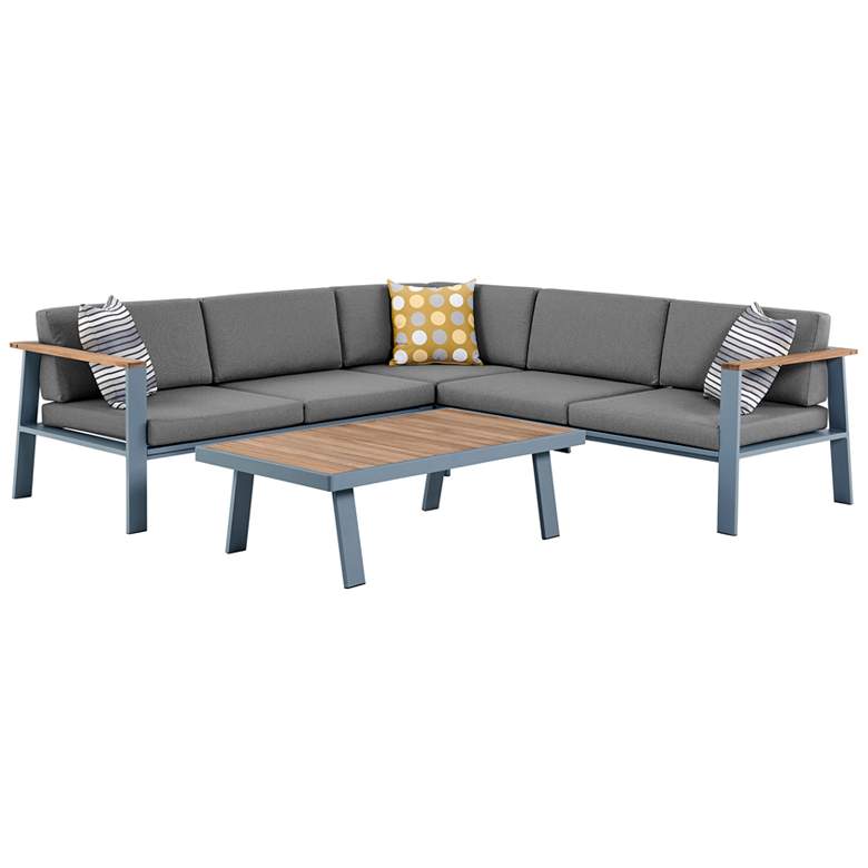 Image 1 Nofi Outdoor Patio Sectional Set in Gray Finish with Gray Cushions and Teak