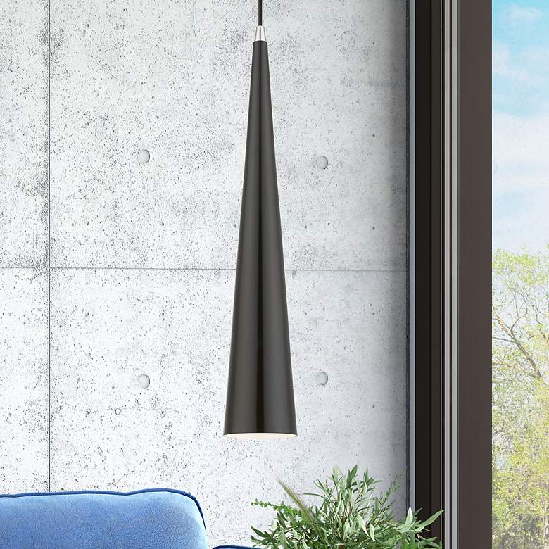 Image 1 Noho 1 Light Shiny Black Single Tall Pendant with Polished Chrome Accents