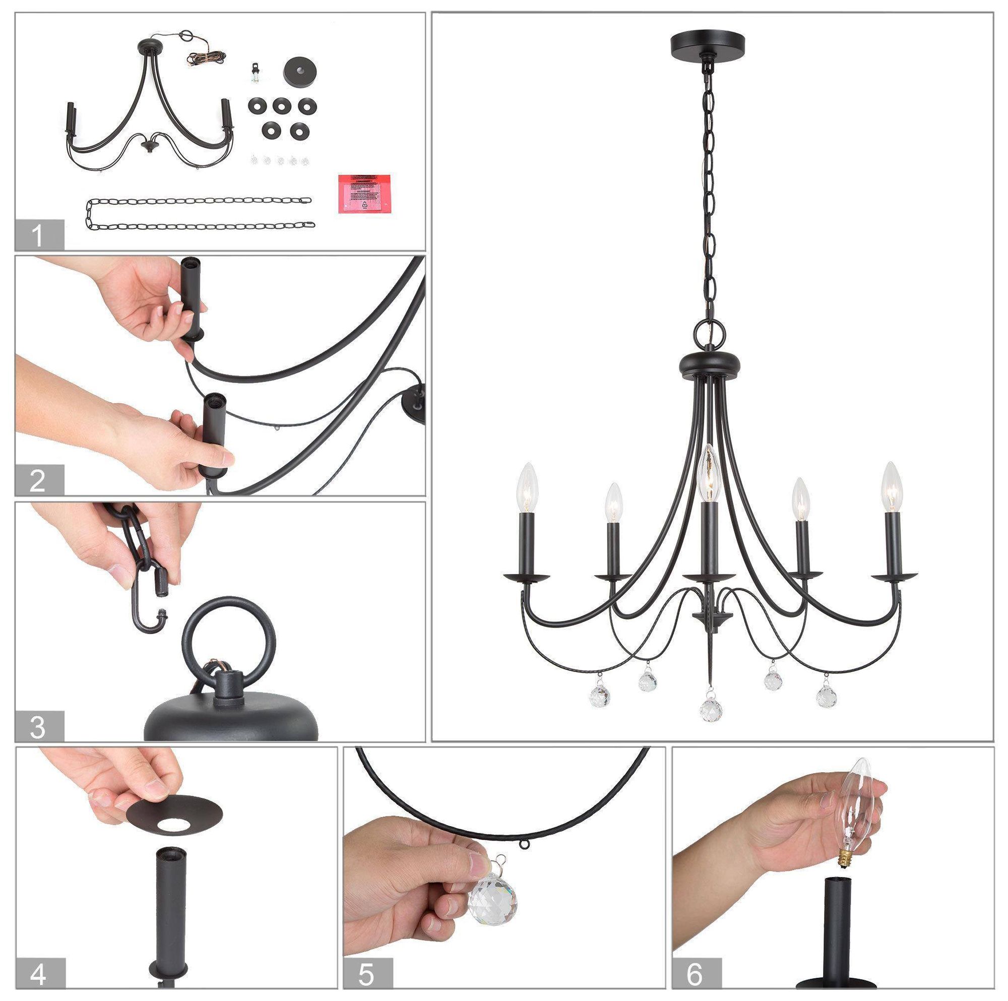 Noir 24"W 5-Light Metal Candle Wheel Crystal Chandelier
