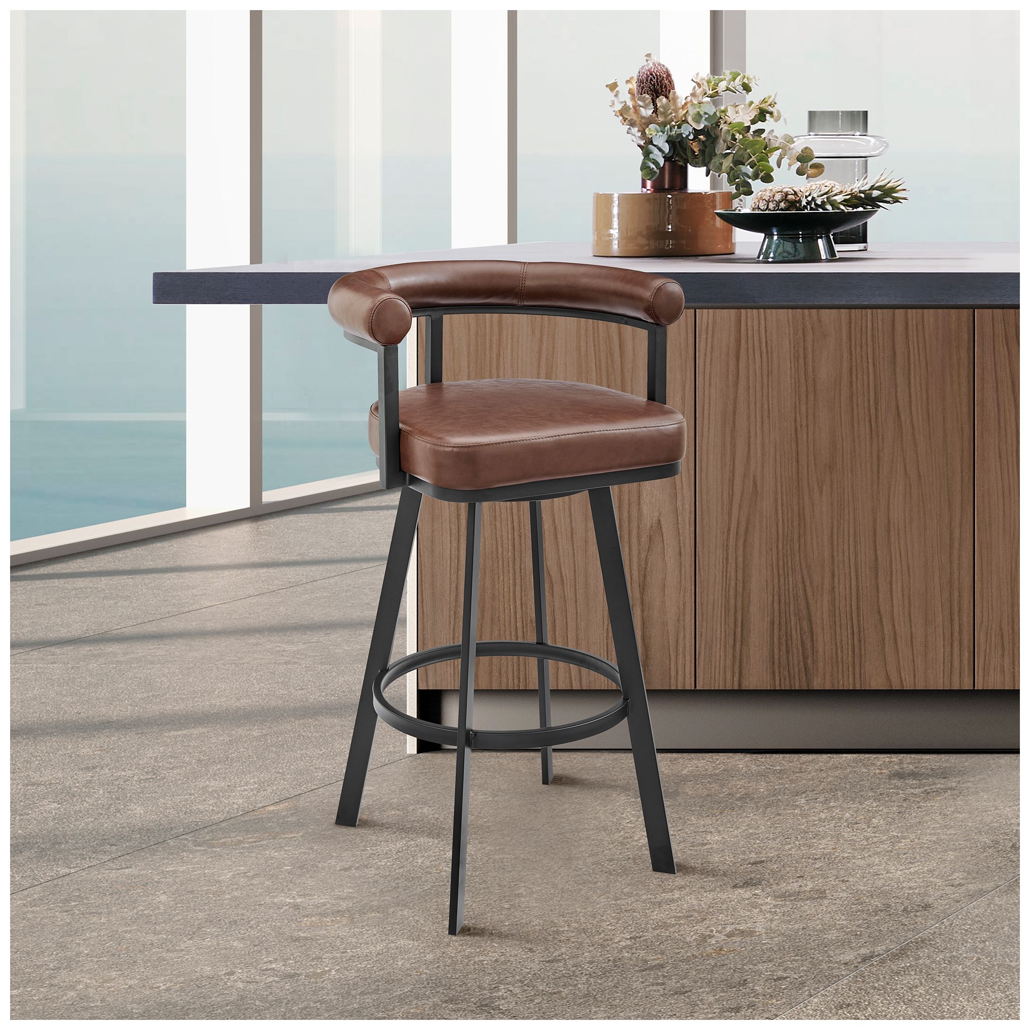 Nolagam 26 in. Swivel Barstool in Black Finish with Brown Faux Leather