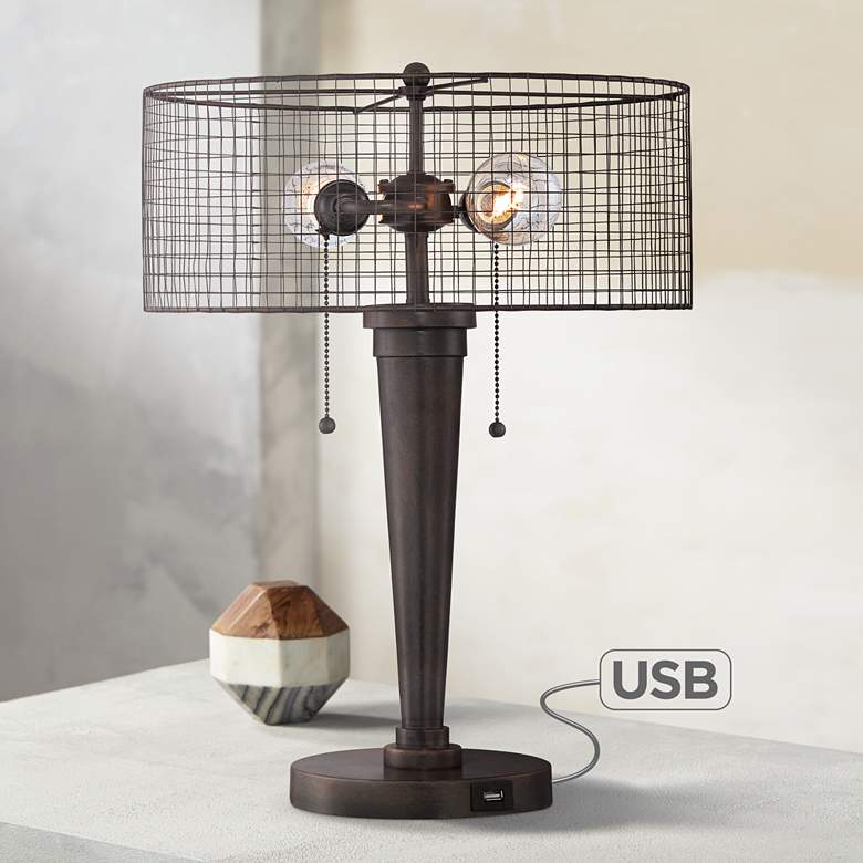 Image 1 Nolan 20 3/4 inch High Industrial Cage USB Table Lamp