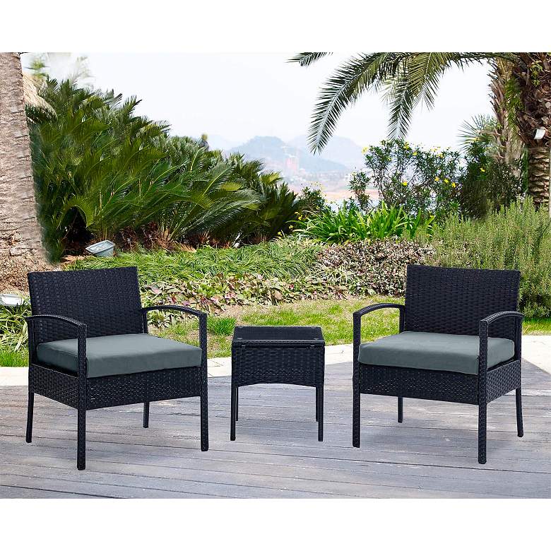 Image 2 Noli 3-Piece Black Rattan Outdoor End Table and Armchair Set more views