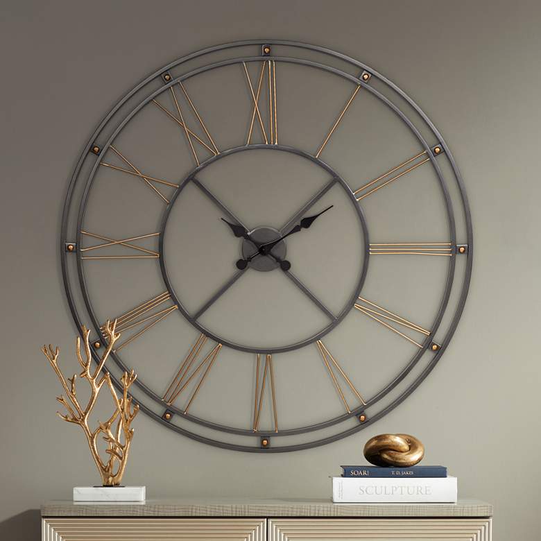 Image 1 Nolla Gunmetal and Gold Metal 36 inch Round Wall Clock