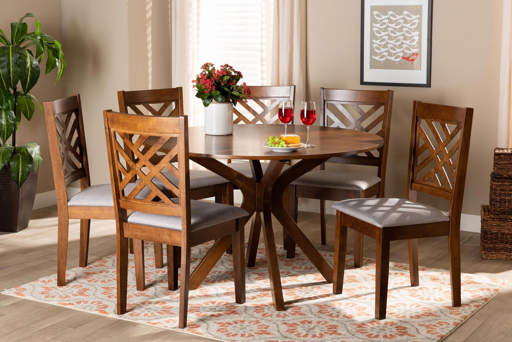 Norah Walnut Brown Wood 7-Piece Dining Table and Chair Set